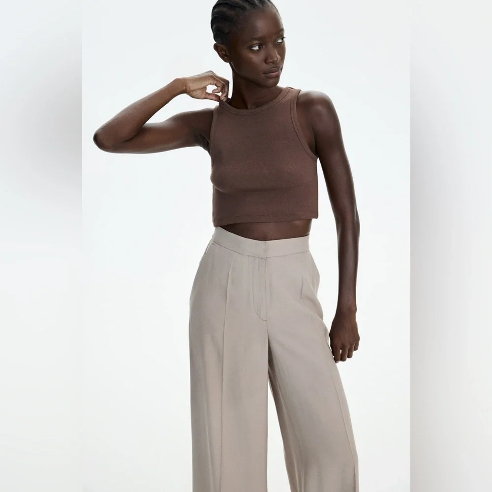 H&M tan linen-blend wide leg pant
